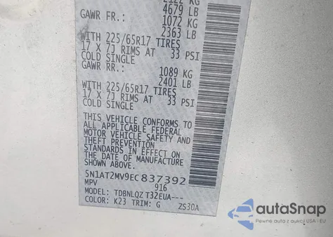 2014 Nissan Rogue S/Sl/Sv из США, поврежденный, VIN 5N1AT2MV9EC837392